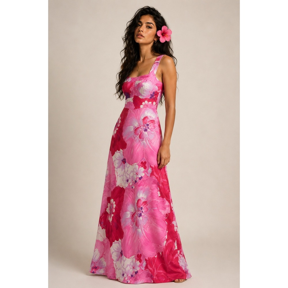Malihini Hawaii Vintage 70s Floral Maxi Dress Pink Size 8